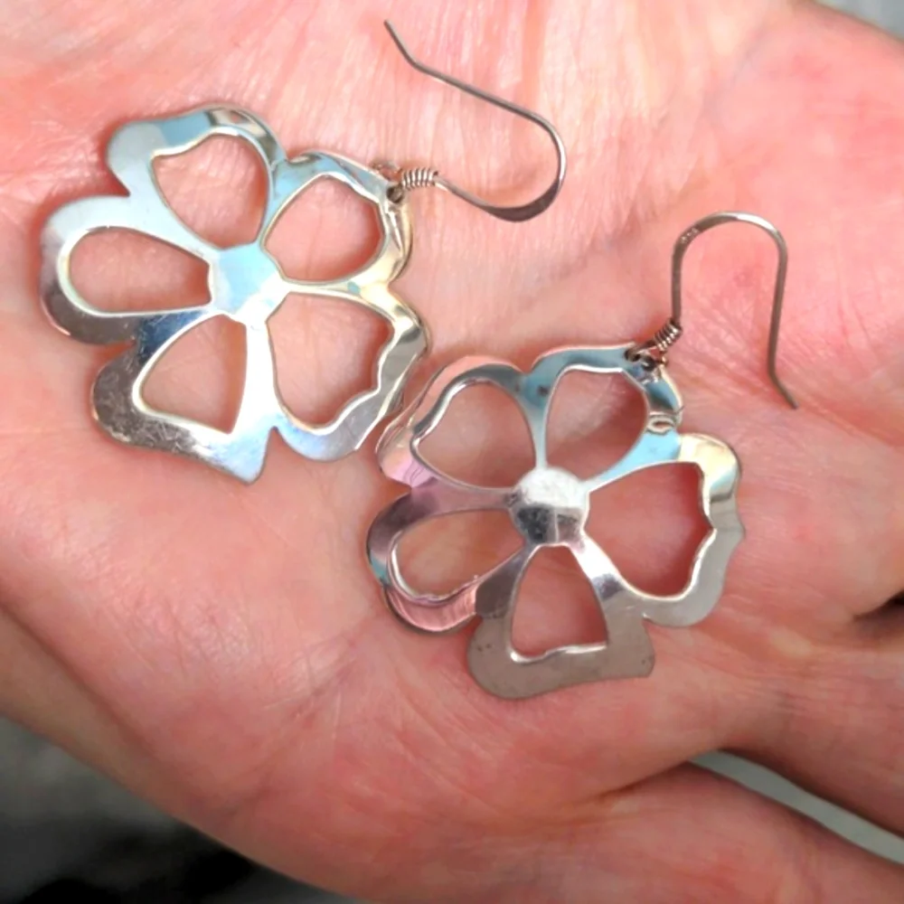 Solid sterling silver floral earrings.New Handcrafted. Drop dangle 1 1/2